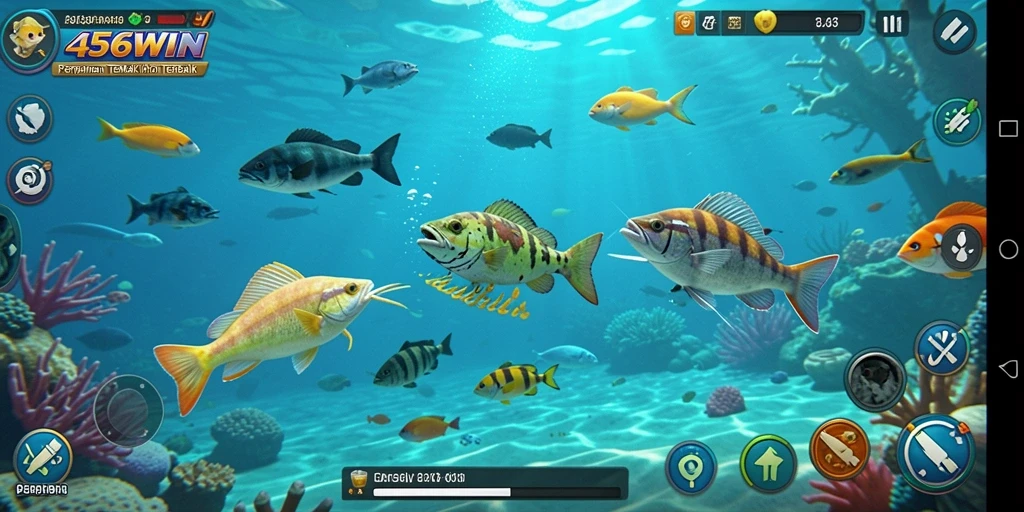 Screenshot gameplay 456WIN dengan ikan berwarna-warni.