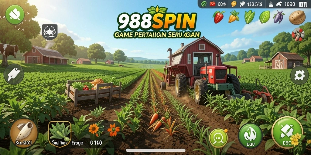 Tampilan gameplay 988SPIN menunjukkan aktivitas pertanian seru dan interaksi sosial.