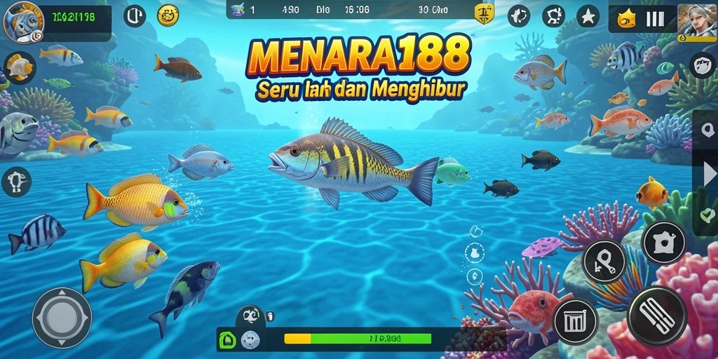 Tampilan gameplay <strong>MENARA188</strong> yang menakjubkan dengan aksi menembak ikan.